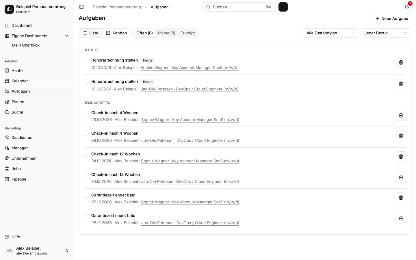 Aufgabenliste mit fälligen Aufgaben (Testdaten)