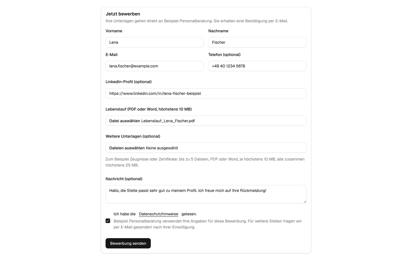 Bewerbungsformular einer Stellenanzeige (Testdaten)