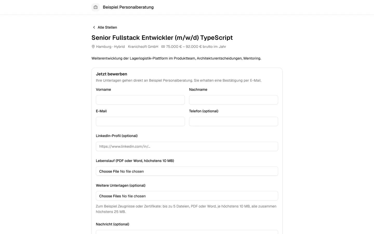 Öffentliche Stellenanzeige mit Bewerbungsformular (Testdaten)