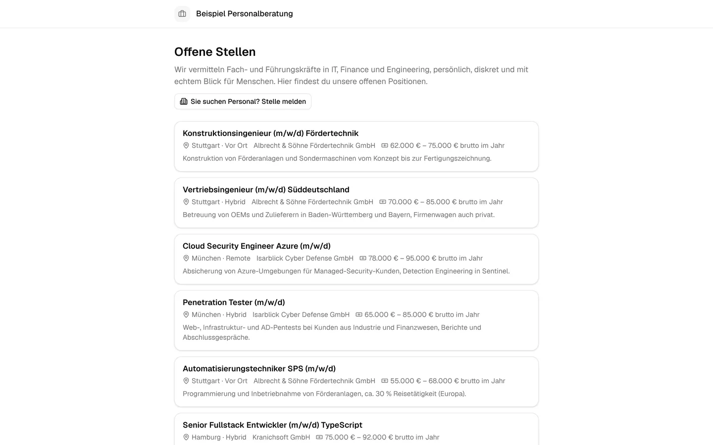 Öffentliche Jobseite mit offenen Stellen (Testdaten)