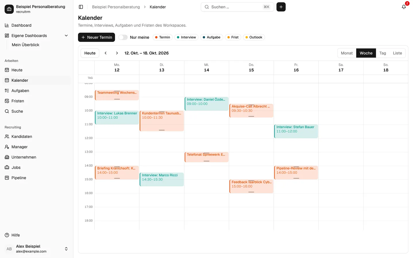 Kalender mit Interviews und Terminen (Testdaten)