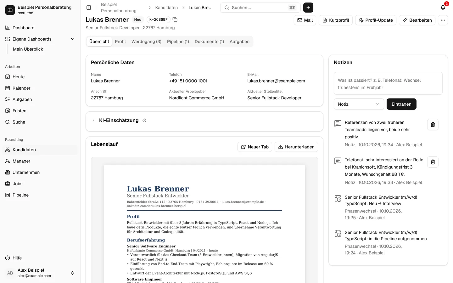 Detailseite eines Kandidaten mit Profil und Lebenslauf (Testdaten)