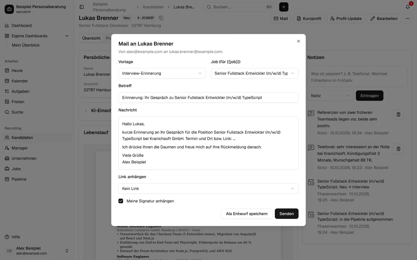 Mail an einen Kandidaten mit Vorlage (Testdaten)