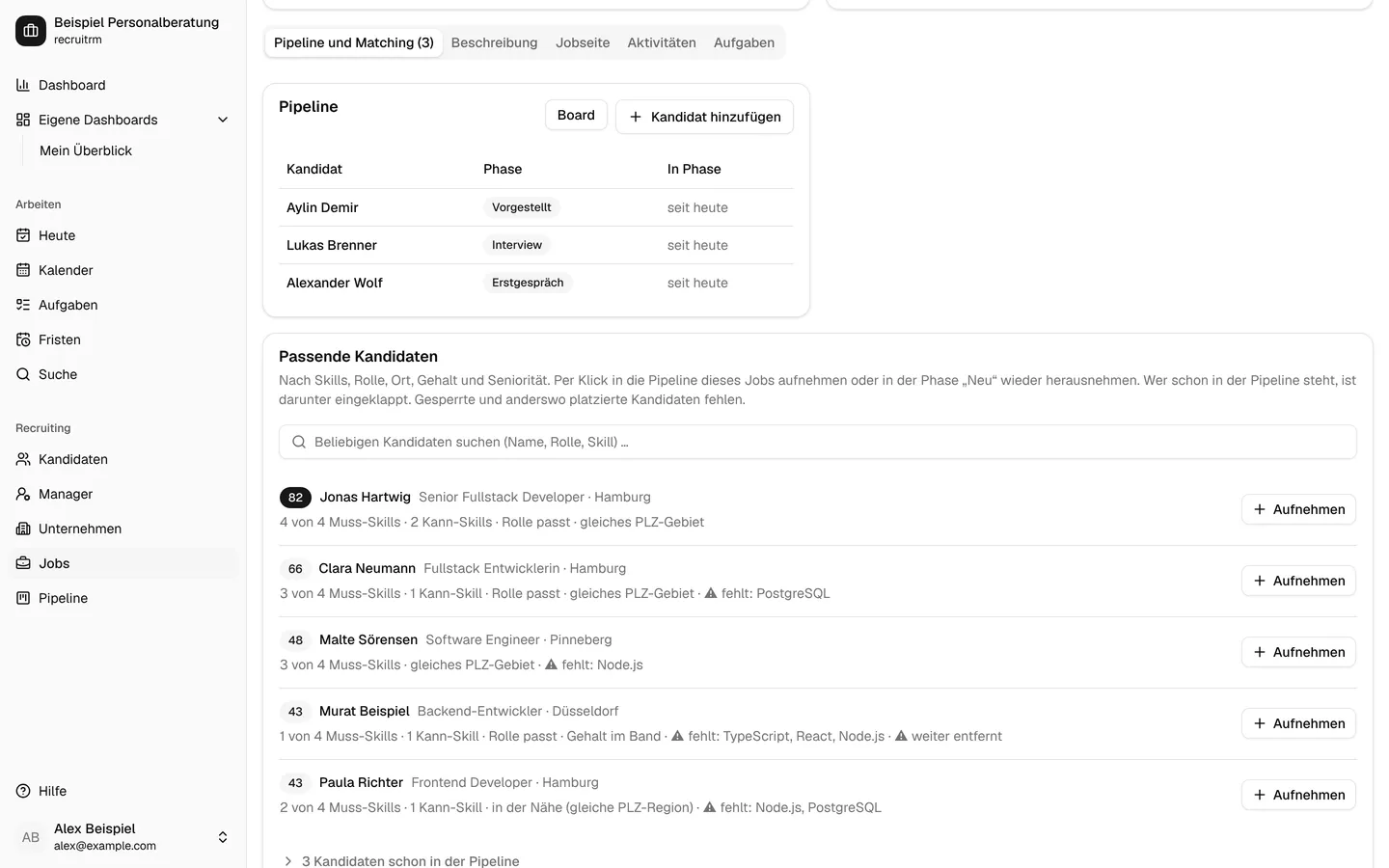Passende Kandidaten zu einem Job mit Punkten und Begründung (Testdaten)