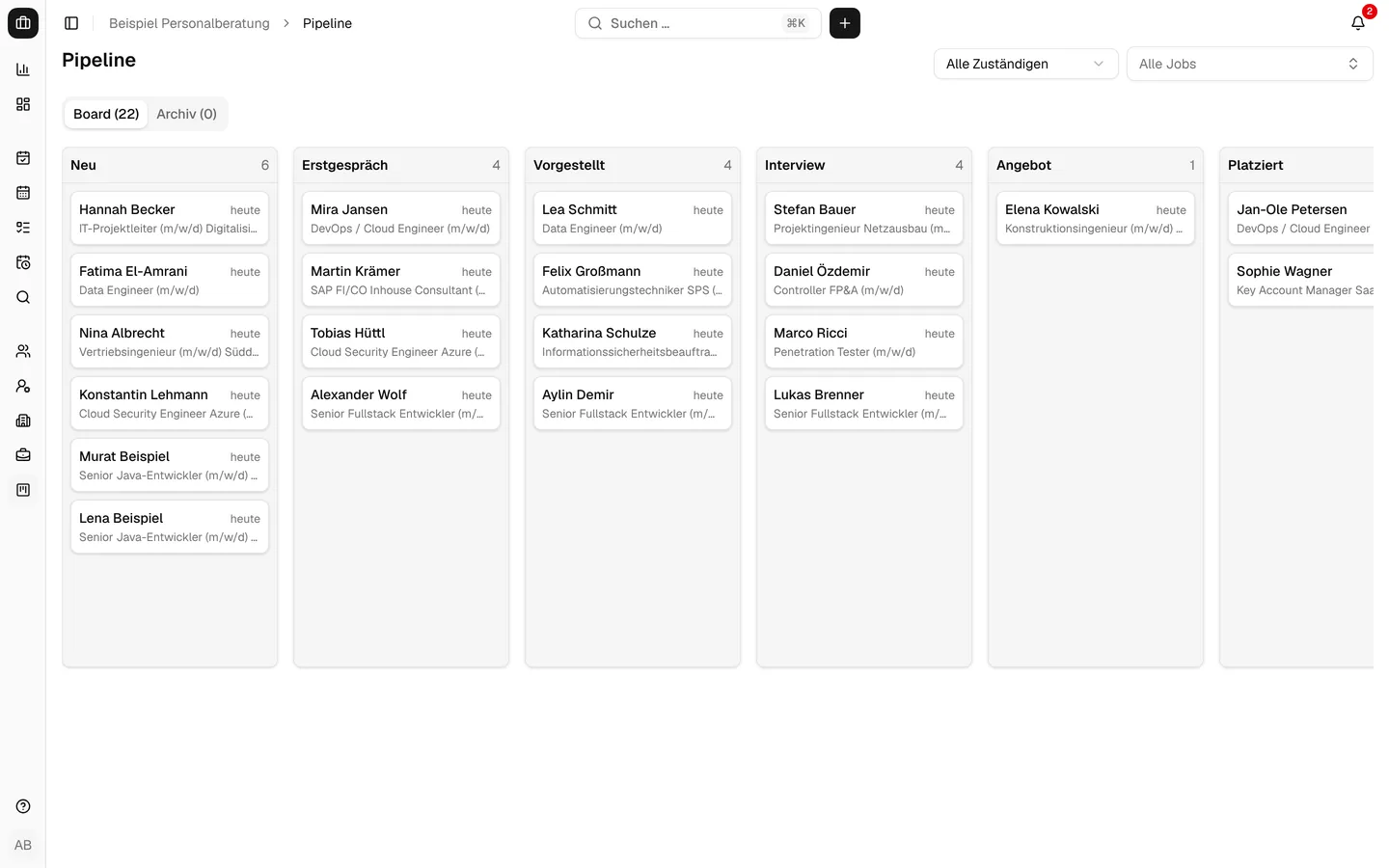 Kanban-Board der Pipeline mit Kandidaten in verschiedenen Phasen (Testdaten)