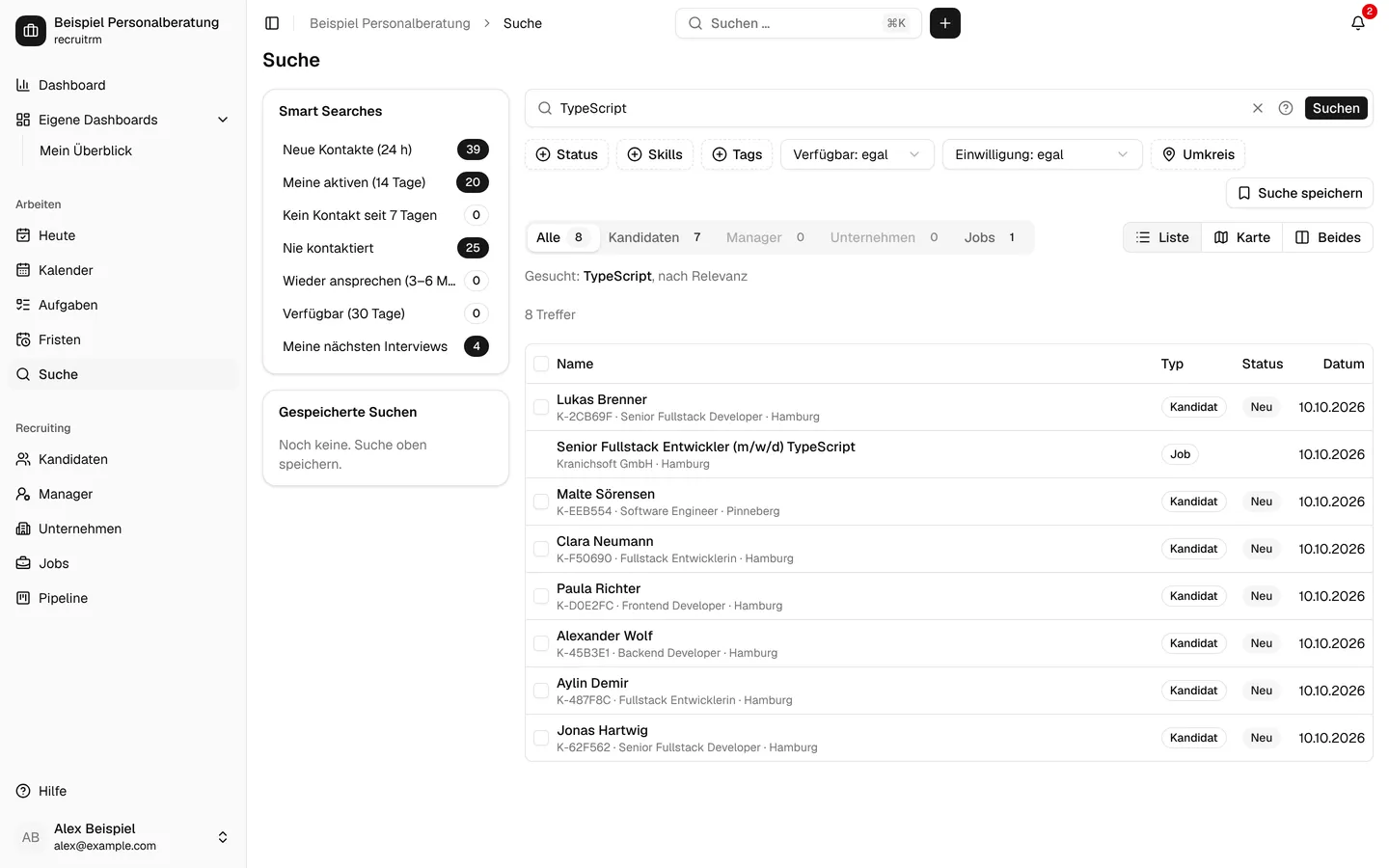 Suchergebnisse mit Filtern und Smart Searches (Testdaten)